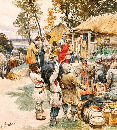 Князь Игорь собирает дань с древлян.